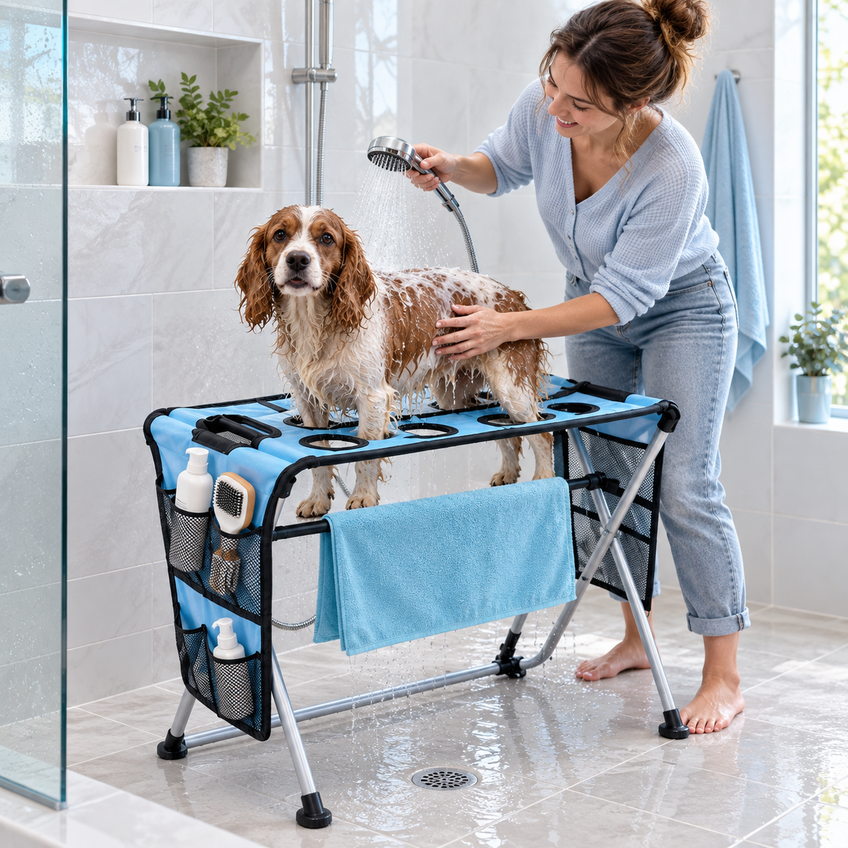 A dog being washed with grooming essentials nearby