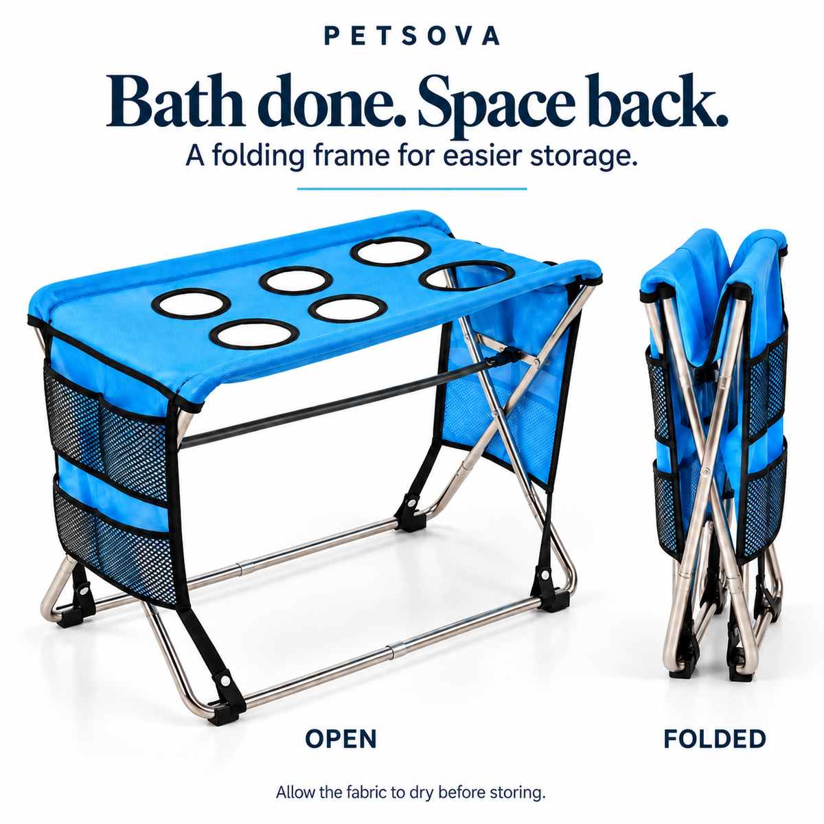 Pet bath stand shown open and folded for storage