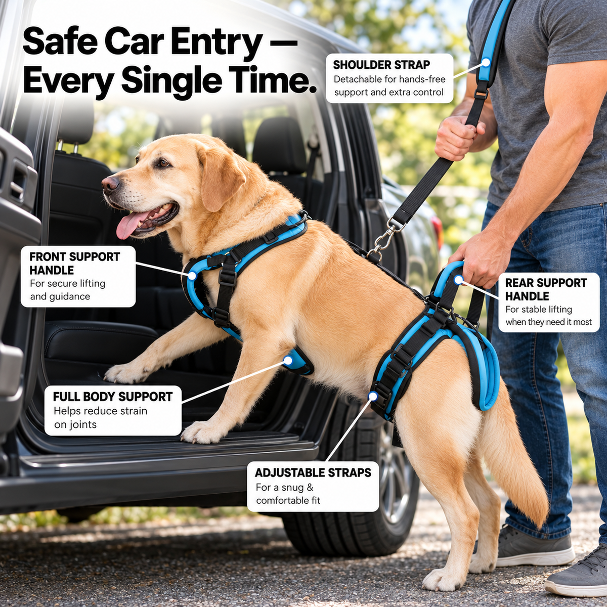 Dog using a mobility support harness