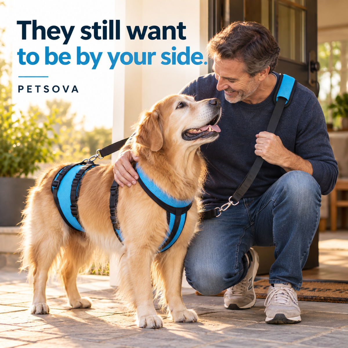 A dog being gently supported by its owner
